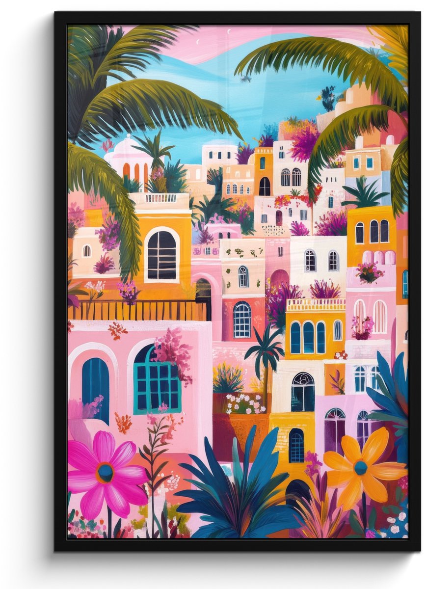 FrameYourWall Poster in lijst - Fotolijst 60x90 cm - Posters - Kleurrijk - Roze - Oranje - Geel - Bloemen - Posterlijst zwart - Decoratie - Wanddecoratie woonkamer - Muurdecoratie slaapkamer Stad - Kleurrijk