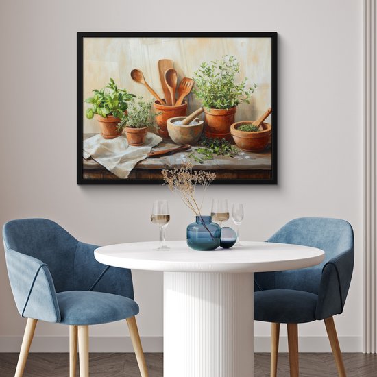 Poster in lijst - Fotolijst 80x60 cm - Posters - Potten - Kruiden - Hout - Posterlijst zwart - Decoratie - Wanddecoratie woonkamer - Muurdecoratie slaapkamer