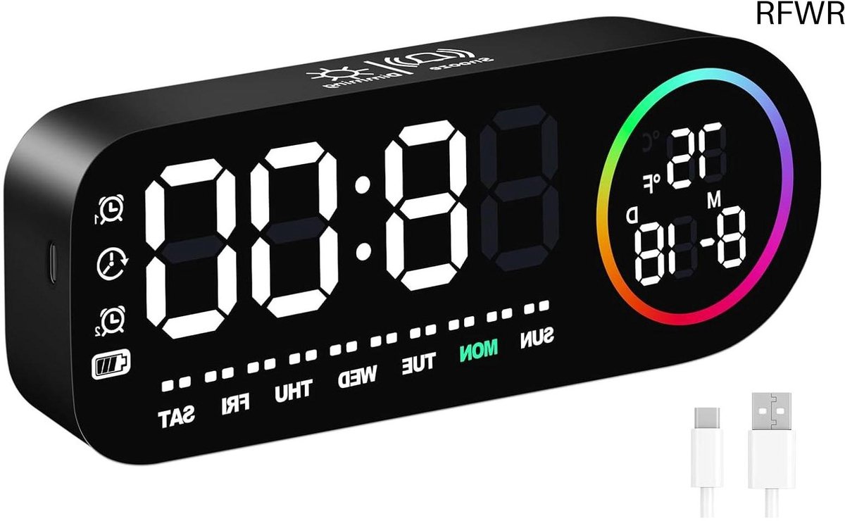 RFWR® Digitale LED wekker met temperatuurweergave en 7 kleuren