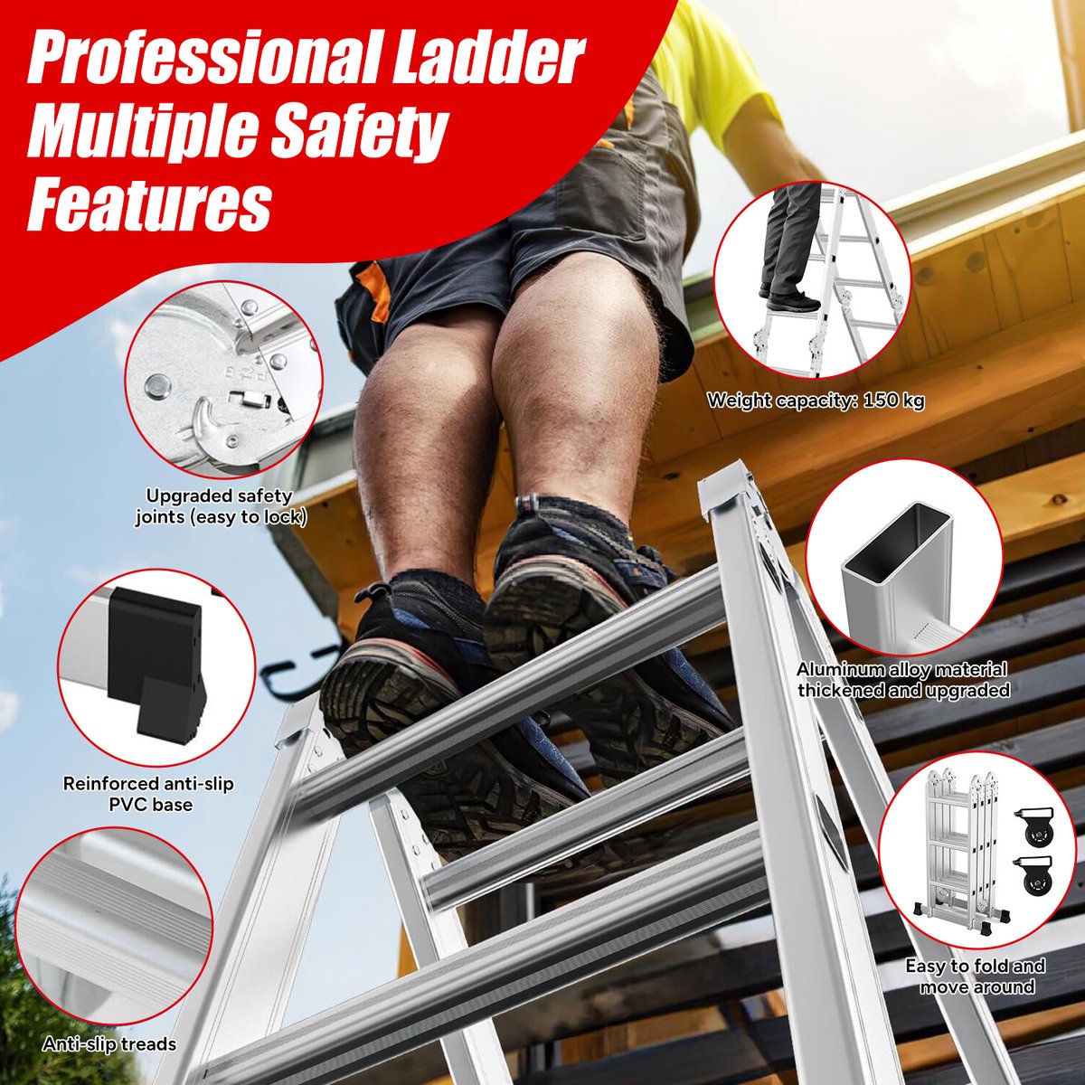 OUTIGO Multifunctionele ladder - 3,5 meter - 7 in 1 - opvouwbaar - aluminium - met 2 wielen - geschikt voor huishoudelijk gebruik - maximale belasting 150 kg - 12 treden – foto 5