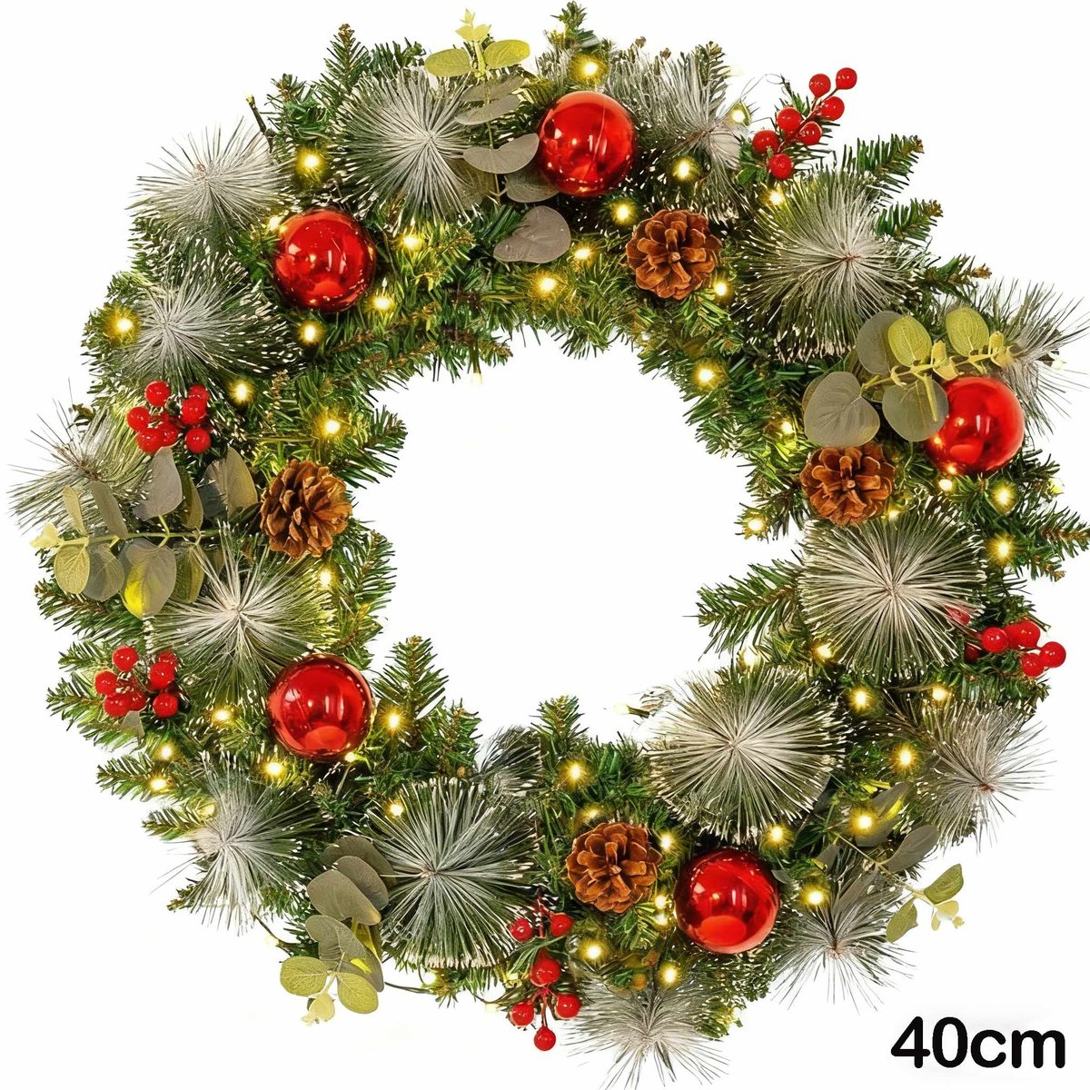 PVC Kerstkransen met LED verlichting (40cm) -Groen-Met 30leds en Batterijbox-8 verlichtingsmodi-Met dennenappels-deurkransen kerstversiering-Kerstdecoratie-Kerstmis