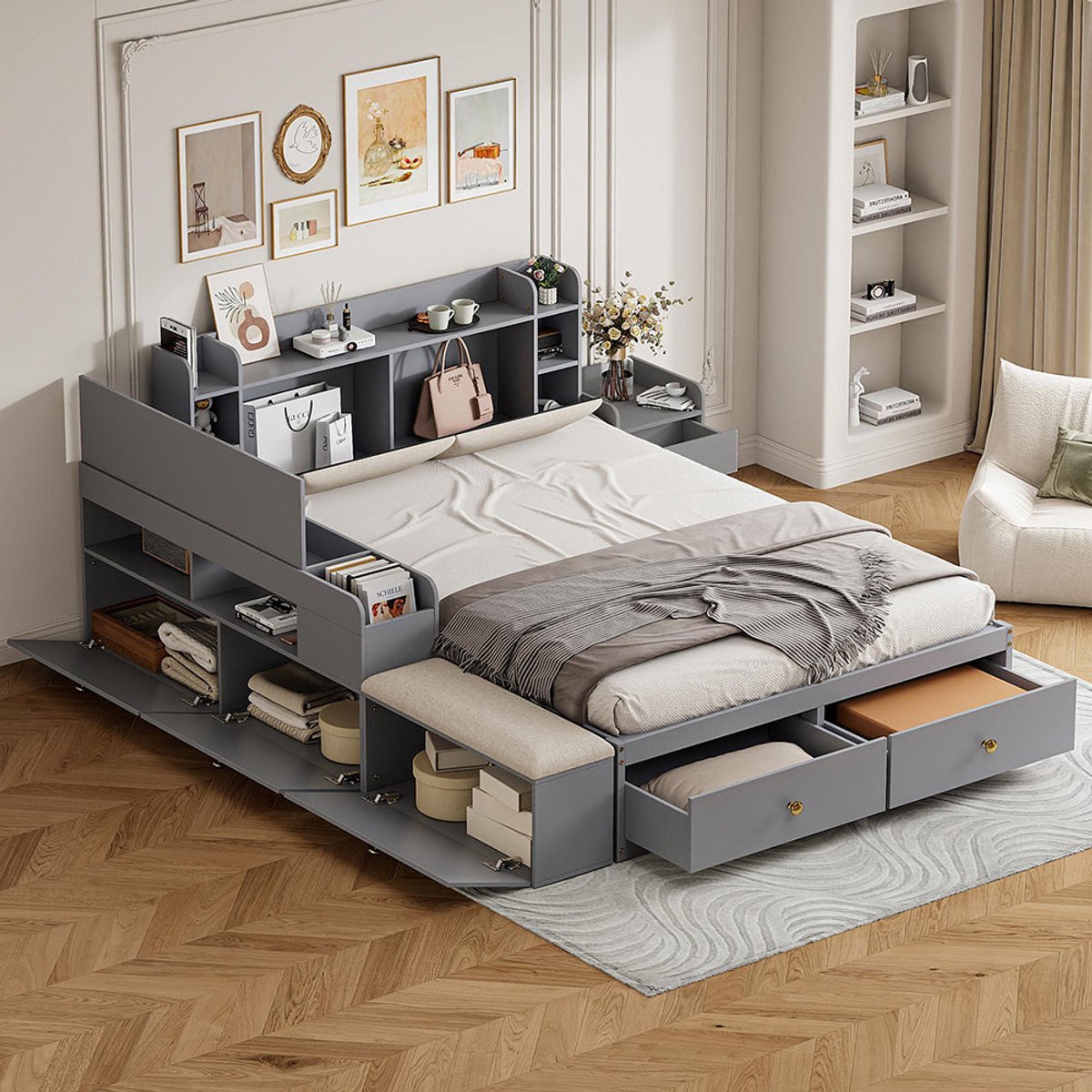 KOMHTOM BLACKCOLORS Combinatiebed van massief hout 140*200 cm, hoofdeinde met geïntegreerd opbergvak, met lades, met nachtkastje, met lange opbergkast, met bankje, bed met opbergruimte Tweepersoonsbed Bed met opbergruimte Tatami-bed, grijs