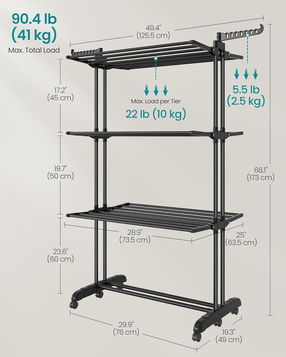 SONGMICS - Groot droogrek - opvouwbaar - 4-laags - 63,5 x 125,5 x 173 cm - zwart