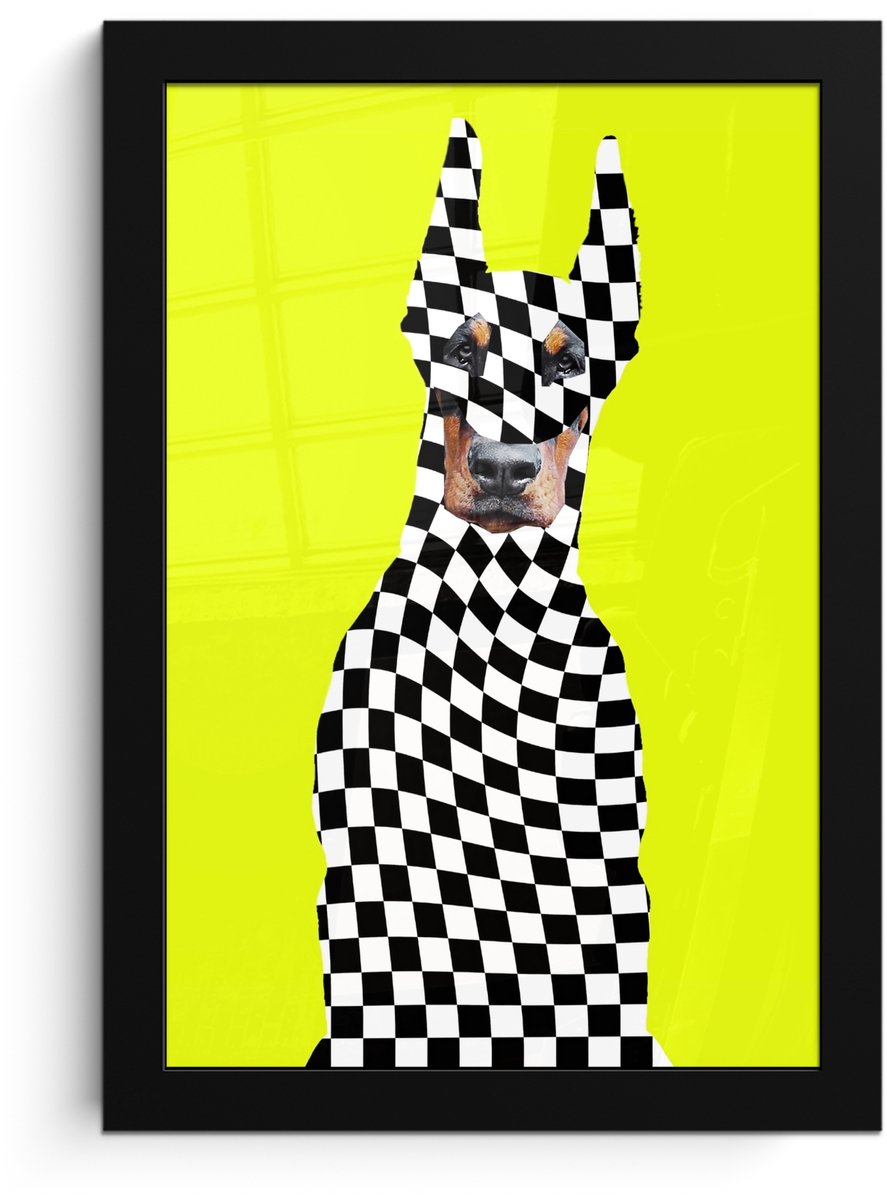 FrameYourWall Poster in lijst - Fotolijst 20x30 cm - Posters - Dobermann - Geblokt - Geel - Posterlijst zwart - Decoratie - Wanddecoratie woonkamer - Muurdecoratie slaapkamer Hond - Geblokt
