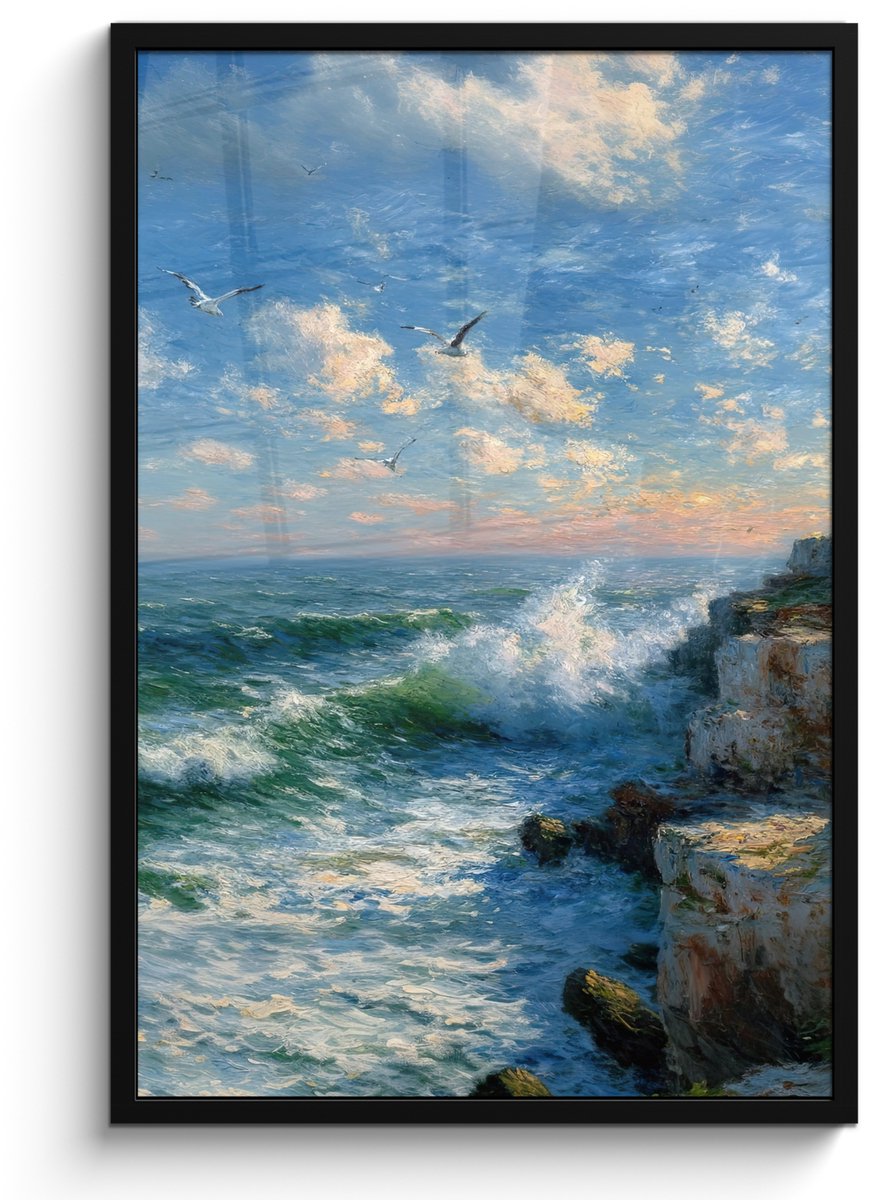 FrameYourWall Poster in lijst - Fotolijst 60x90 cm - Posters - Zee - Golven - Rotsen - Meeuwen - Posterlijst zwart - Decoratie - Wanddecoratie woonkamer - Muurdecoratie slaapkamer
