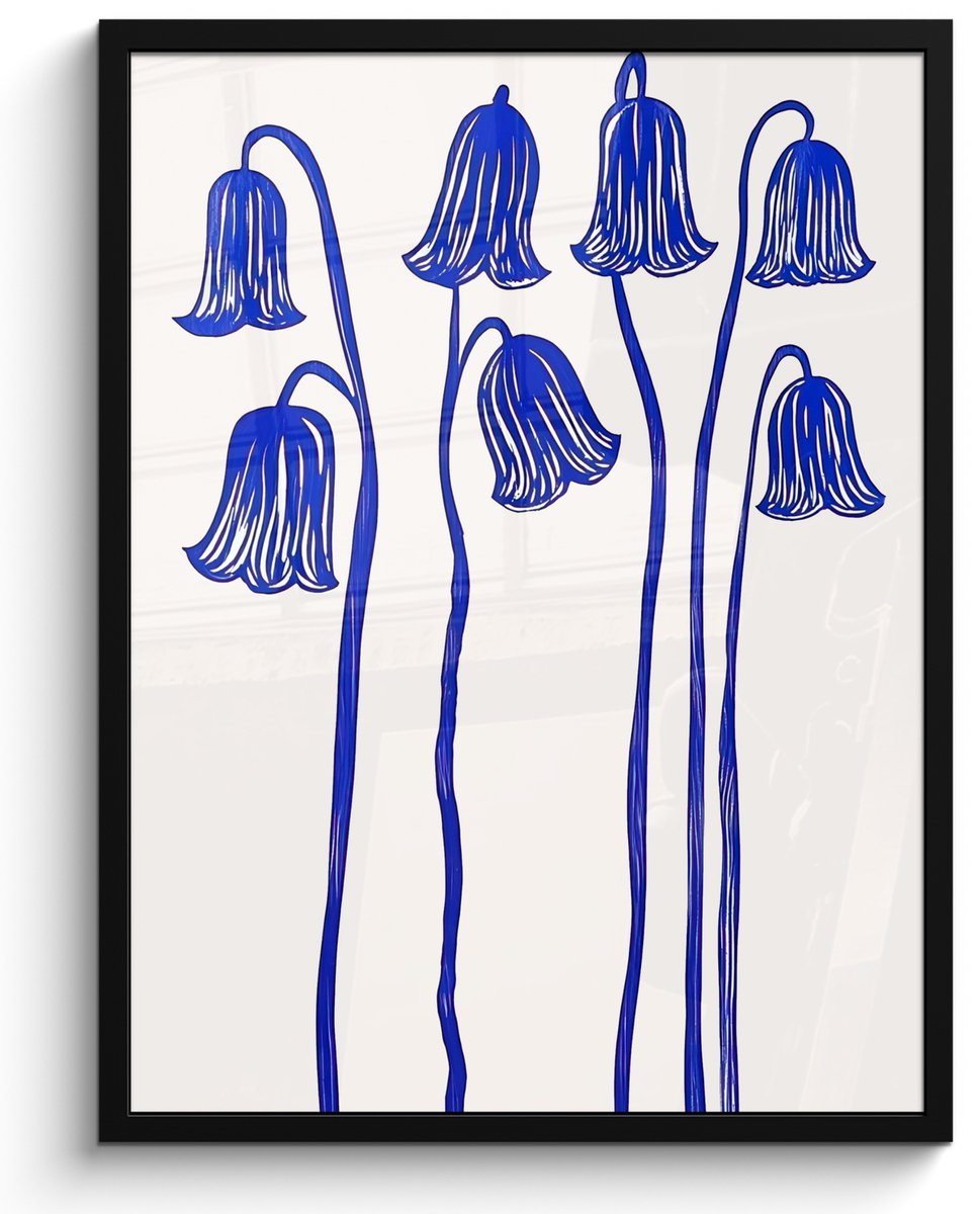 FrameYourWall Poster in lijst - Fotolijst 60x80 cm - Posters - Bloemen - Blauw - Lijnen - Bloemblaadjes - Posterlijst zwart - Decoratie - Wanddecoratie woonkamer - Muurdecoratie slaapkamer Bloemen - Bloemblaadjes
