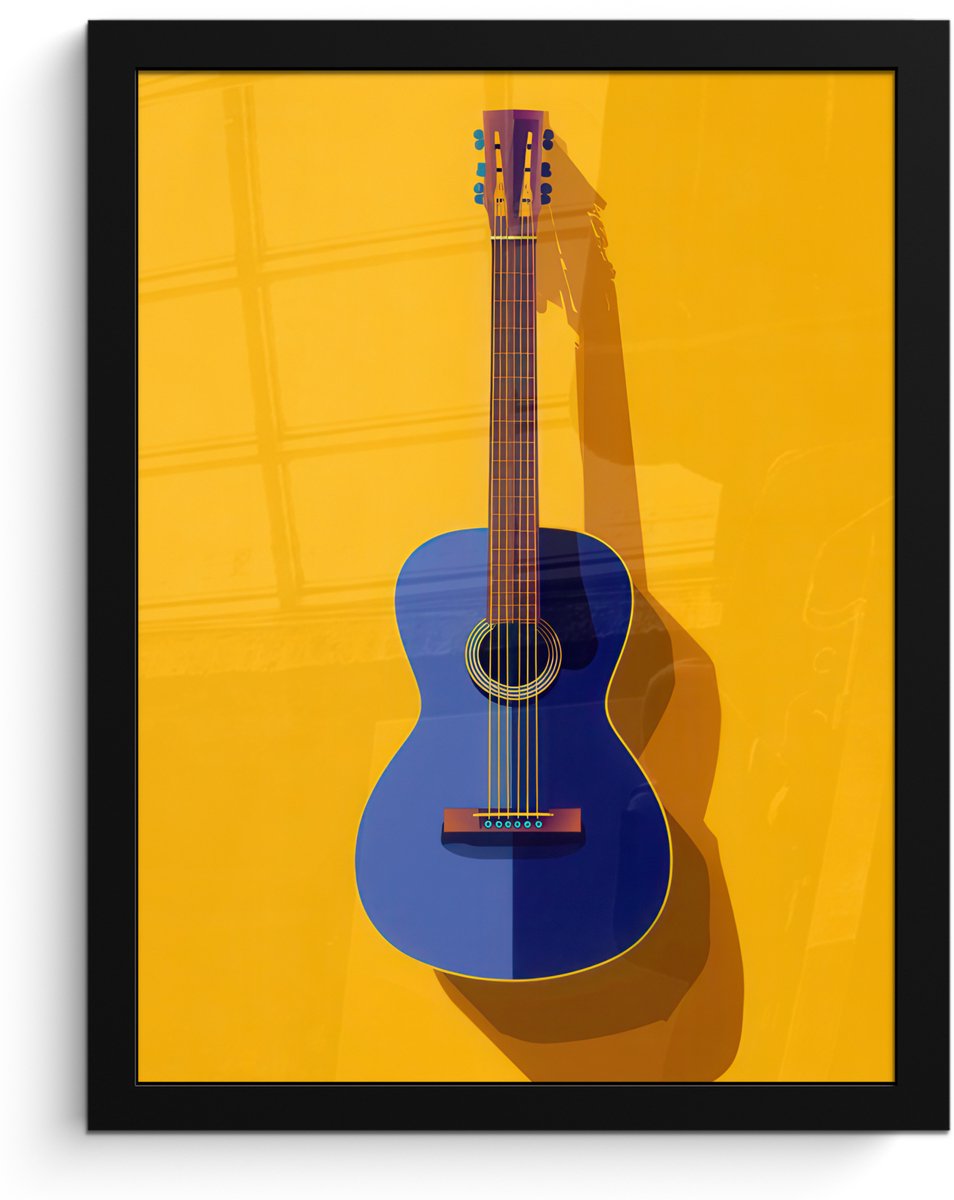 FrameYourWall Poster in lijst - Fotolijst 30x40 cm - Posters - Gitaar - Akoestisch - Minimalistisch - Geel - Posterlijst zwart - Decoratie - Wanddecoratie woonkamer - Muurdecoratie slaapkamer - Kerstversiering - Kerstdecoratie voor binnen - Kerstmis