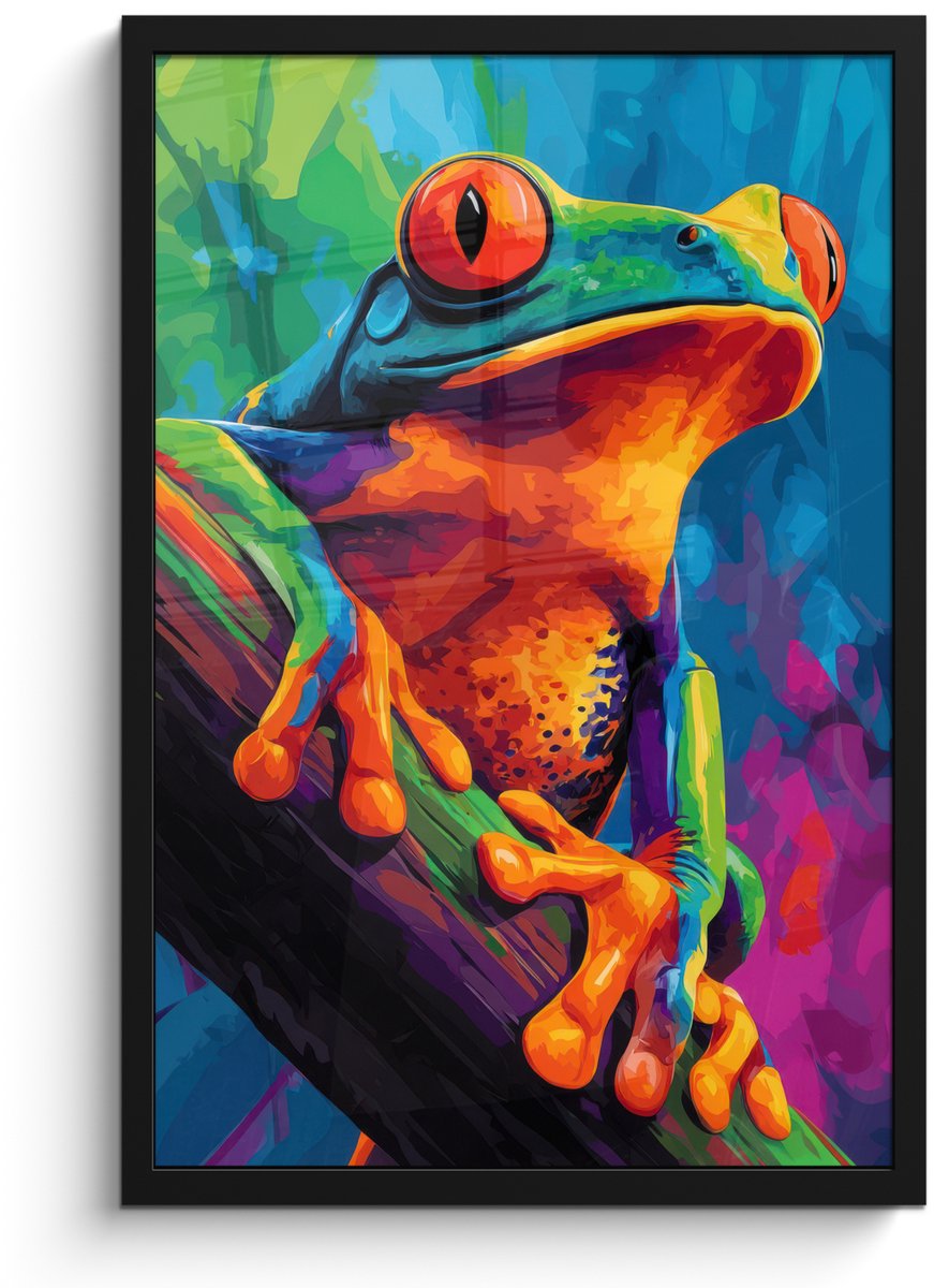 FrameYourWall Poster in lijst - Fotolijst 40x60 cm - Posters - Kikker - Felgekleurd - Tak - Regenboog - Posterlijst zwart - Decoratie - Wanddecoratie woonkamer - Muurdecoratie slaapkamer Kikker - Kleurrijk