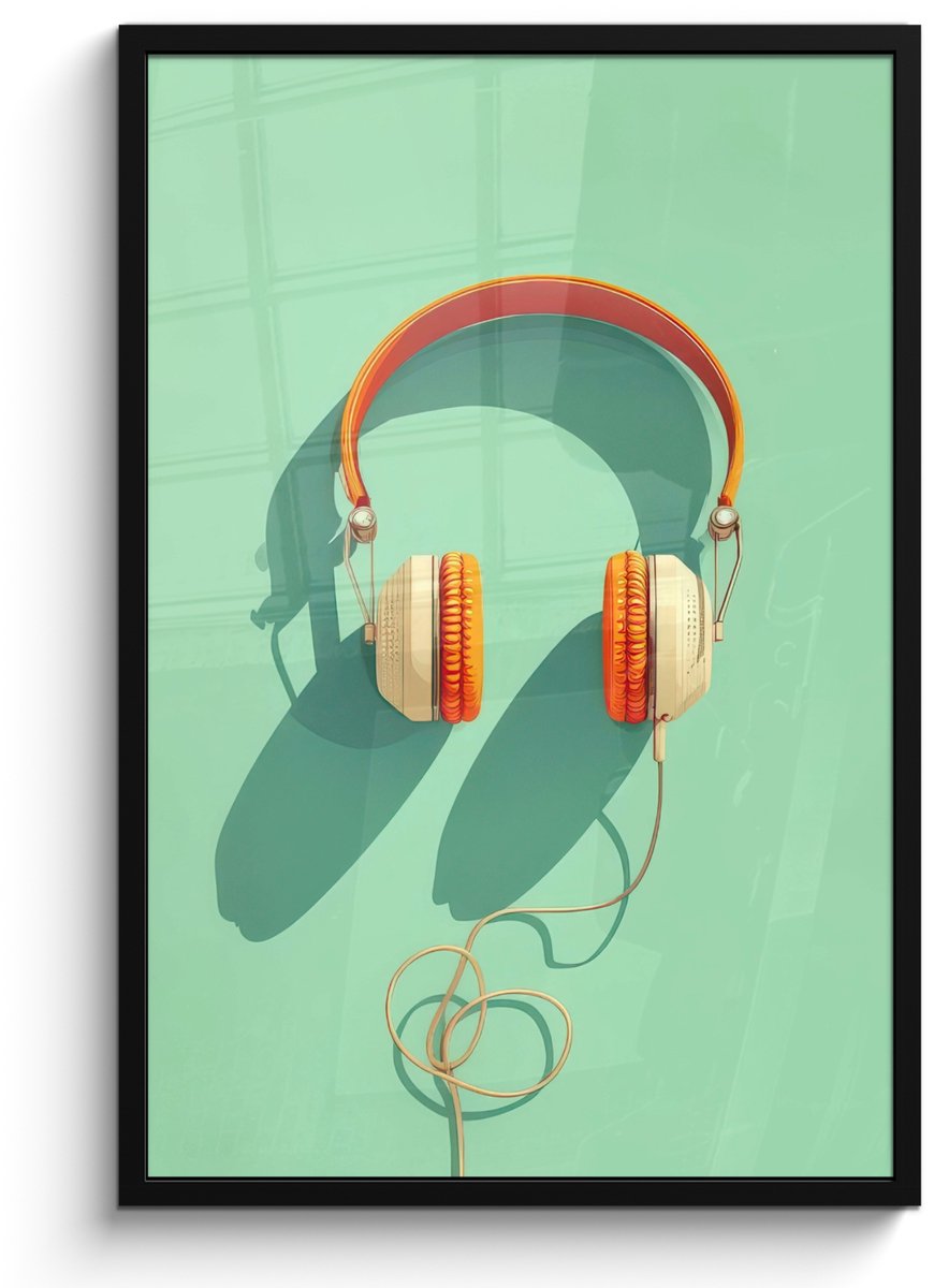 FrameYourWall Poster in lijst - Fotolijst 60x90 cm - Posters - Koptelefoon - Oranje - Snoer - Minimalistisch - Posterlijst zwart - Decoratie - Wanddecoratie woonkamer - Muurdecoratie slaapkamer - Kerstversiering - Kerstdecoratie voor binnen - Kerstmis