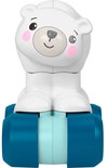 Witte Fisher-Price berenknuffel met lachend gezicht, roze wangen en blauwe wielen.