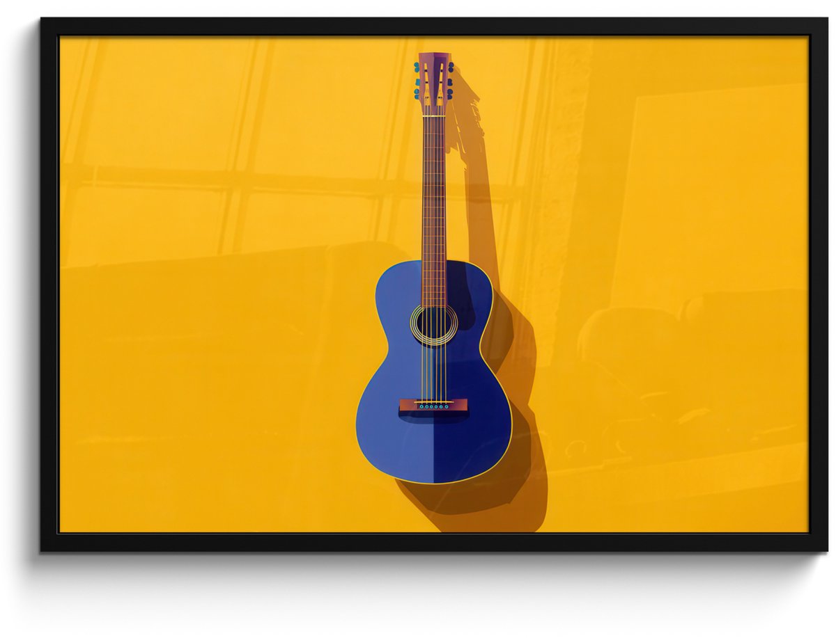 FrameYourWall Poster in lijst - Fotolijst 90x60 cm - Posters - Gitaar - Akoestisch - Minimalistisch - Geel - Posterlijst zwart - Decoratie - Wanddecoratie woonkamer - Muurdecoratie slaapkamer - Kerstversiering - Kerstdecoratie voor binnen - Kerstmis