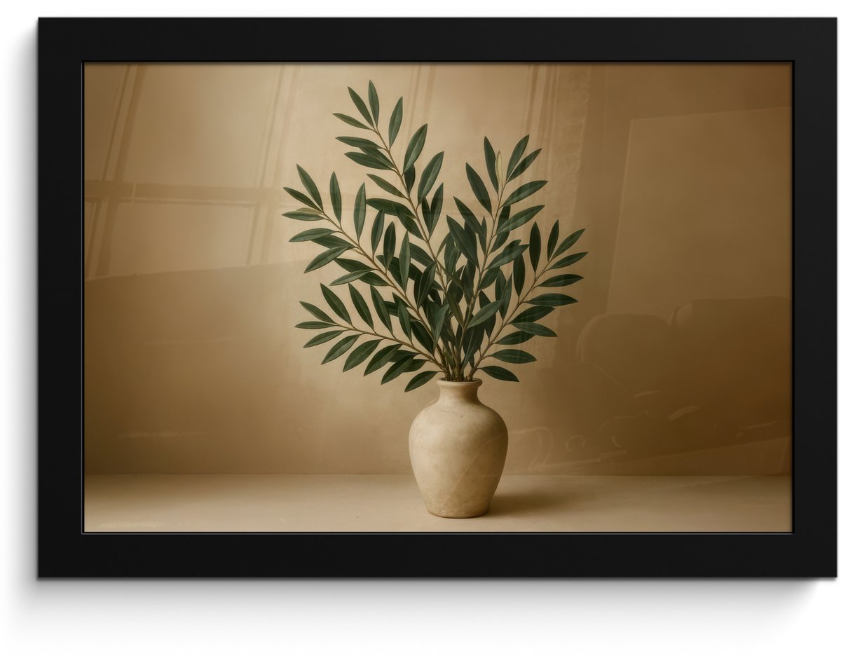 FrameYourWall Poster in lijst - Fotolijst 30x20 cm - Posters - Vaas - Olijftakken - Bladeren - Beige - Posterlijst zwart - Decoratie - Wanddecoratie woonkamer - Muurdecoratie slaapkamer