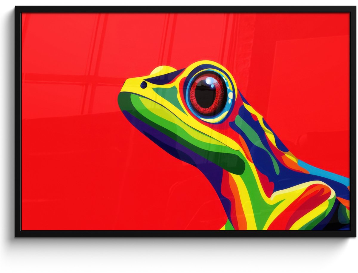 FrameYourWall Poster in lijst - Fotolijst 120x80 cm - Posters - Kikker - Kleurrijk - Strepen - Ogen - Posterlijst zwart - Decoratie - Wanddecoratie woonkamer - Muurdecoratie slaapkamer
