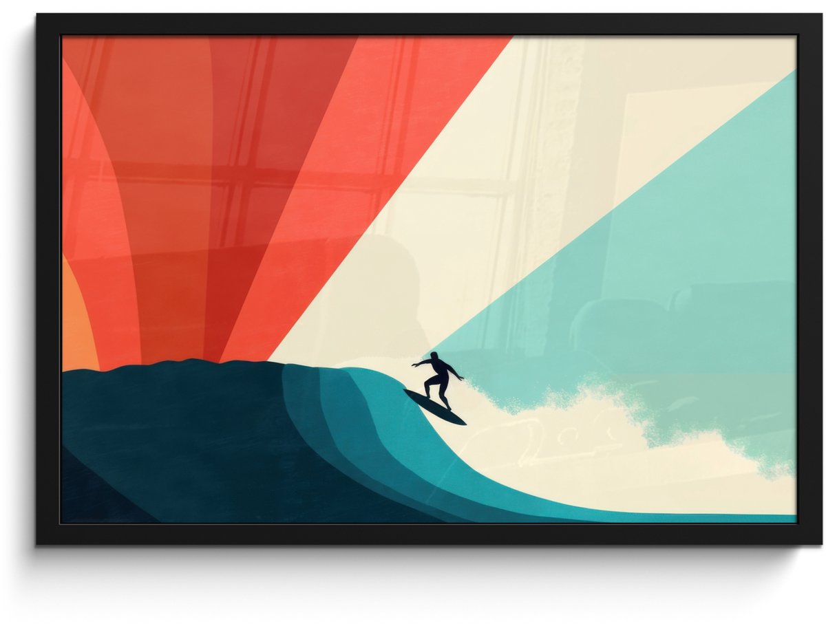 FrameYourWall Poster in lijst - Fotolijst 60x40 cm - Posters - Surfer - Abstract - Golven - Zonnestralen - Posterlijst zwart - Decoratie - Wanddecoratie woonkamer - Muurdecoratie slaapkamer - Kerstversiering - Kerstdecoratie voor binnen - Kerstmis