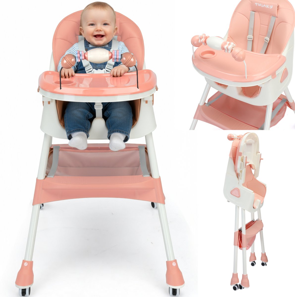 Twinky® Kinderstoel MAXI – 2-in-1 Kinderwagen Set – Roze – Inklapbare Eetstoel & Baby Wagentje en Babystoel Voor Aan Tafel – Kinderzetel Peuterstoeltje en Meegroeistoel in 1