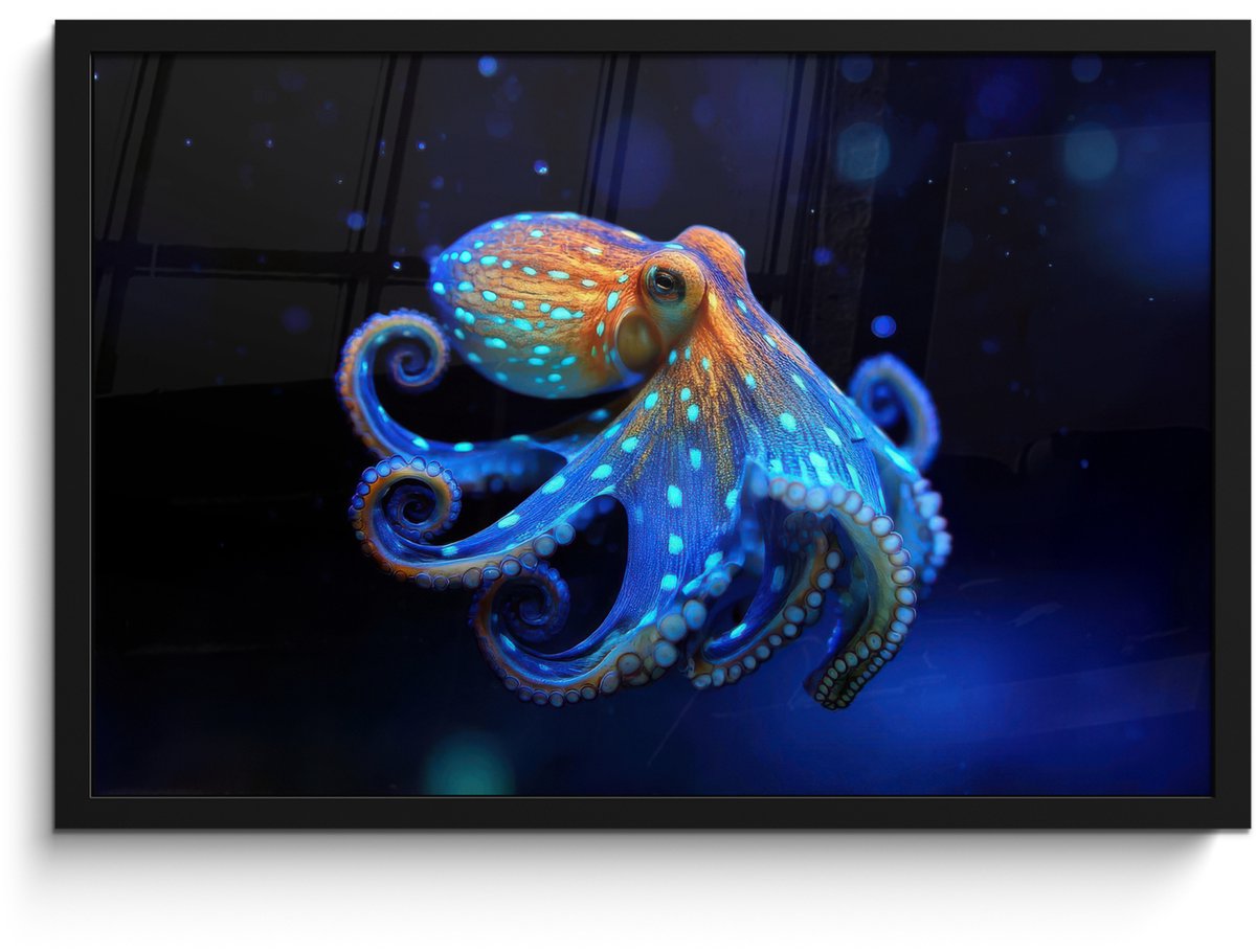 FrameYourWall Poster in lijst - Fotolijst 60x40 cm - Posters - Octopus - Stippen - Blauw - Zee - Posterlijst zwart - Decoratie - Wanddecoratie woonkamer - Muurdecoratie slaapkamer