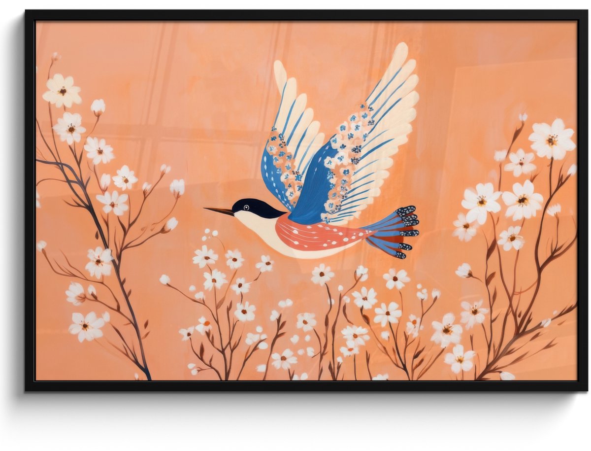 FrameYourWall Poster in lijst - Fotolijst 120x80 cm - Posters - Vogel - Bloesemtakken - Warm - Kleurrijk - Posterlijst zwart - Decoratie - Wanddecoratie woonkamer - Muurdecoratie slaapkamer
