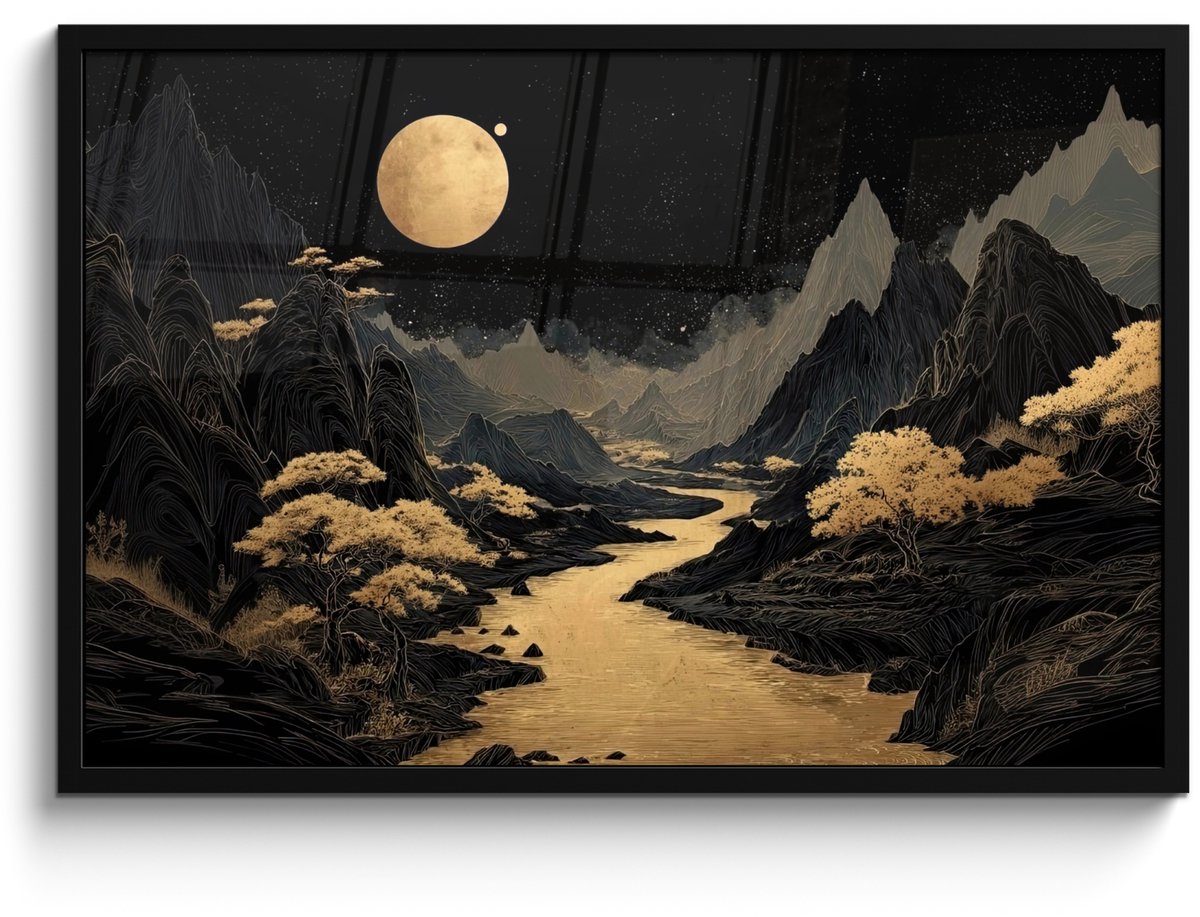 FrameYourWall Poster in lijst - Fotolijst 90x60 cm - Posters - Gouden rivier - Bergen - Maan - Sterrenhemel - Posterlijst zwart - Decoratie - Wanddecoratie woonkamer - Muurdecoratie slaapkamer