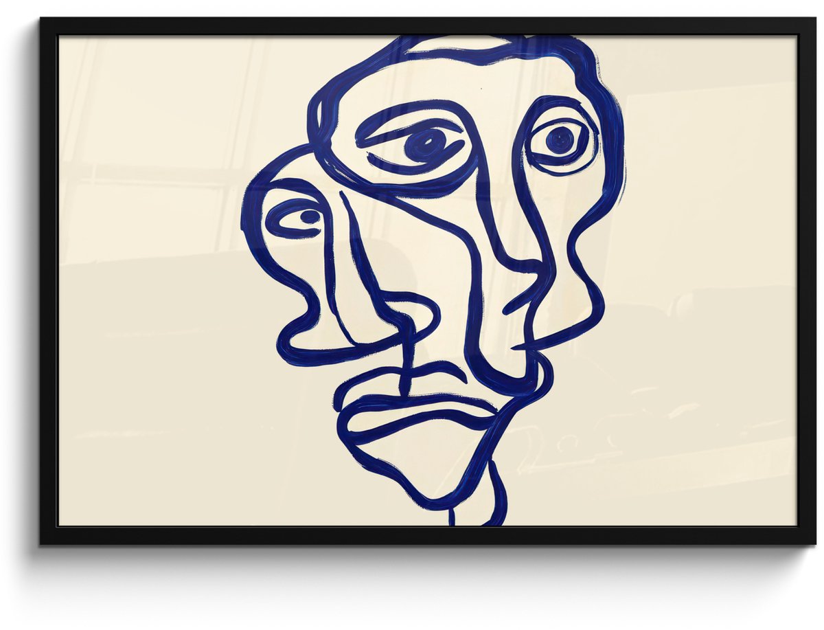 FrameYourWall Poster in lijst - Fotolijst 90x60 cm - Posters - Lijntekening - Overlappende gezichten - Donkerblauw - Posterlijst zwart - Decoratie - Wanddecoratie woonkamer - Muurdecoratie slaapkamer Overlappend - Gezichten