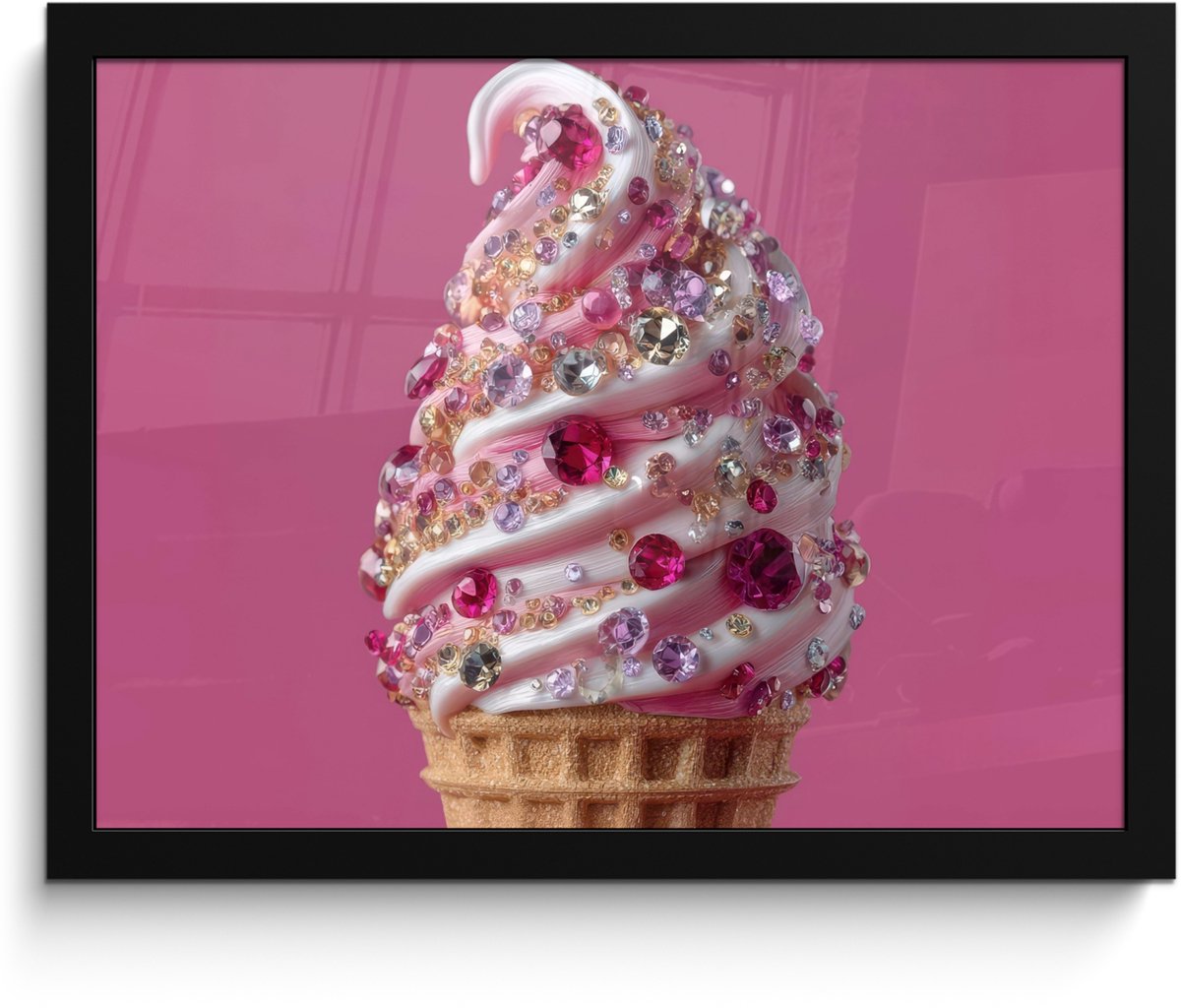 FrameYourWall Poster in lijst - Fotolijst 40x30 cm - Posters - Softijs - Edelstenen - Roze - Hoorntje - Posterlijst zwart - Decoratie - Wanddecoratie woonkamer - Muurdecoratie slaapkamer