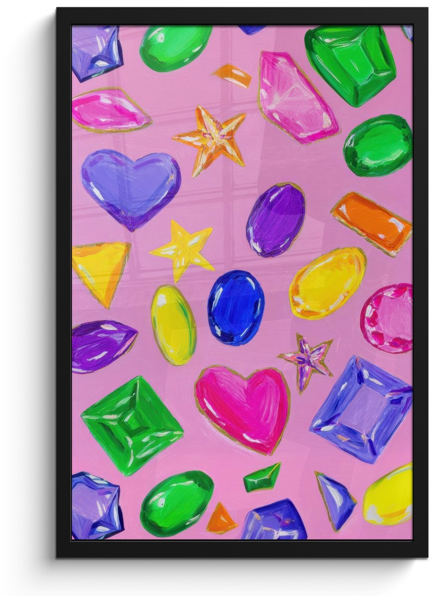 FrameYourWall Poster in lijst - Fotolijst 40x60 cm - Posters - Edelstenen - Vormen - Hartje - Kleurrijk - Posterlijst zwart - Decoratie - Wanddecoratie woonkamer - Muurdecoratie slaapkamer Vormen - Kleurrijk