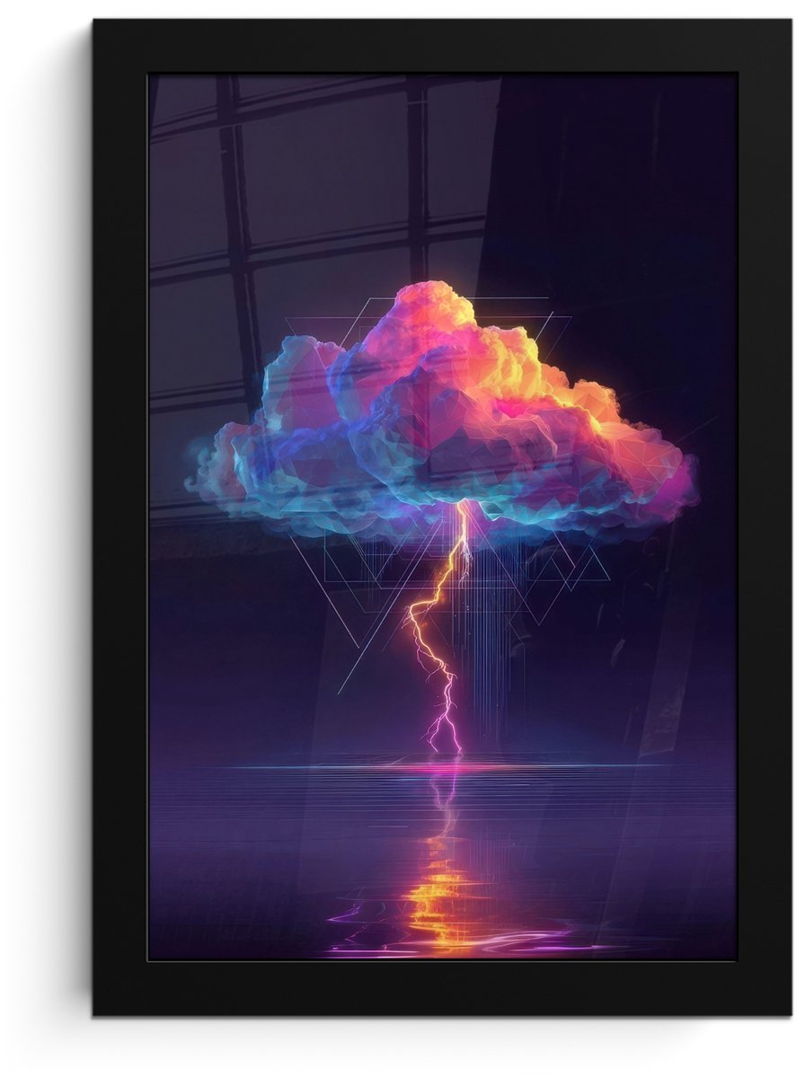 FrameYourWall Poster in lijst - Fotolijst 20x30 cm - Posters - Donderwolk - Bliksemschicht - Licht - Blauw - Posterlijst zwart - Decoratie - Wanddecoratie woonkamer - Muurdecoratie slaapkamer Wolk - Bliksemschicht - Driehoeken