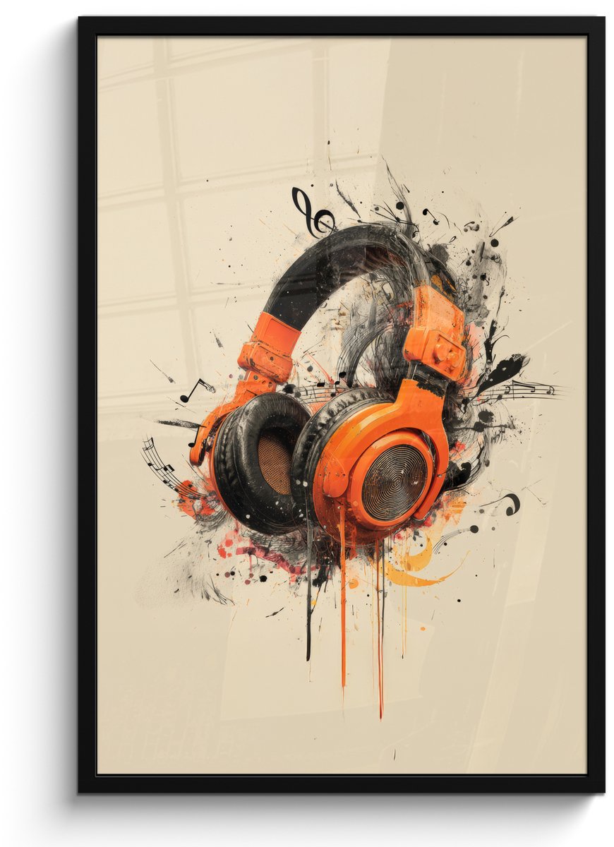 FrameYourWall Poster in lijst - Fotolijst 60x90 cm - Posters - Koptelefoon - Oranje - Explosief - Posterlijst zwart - Decoratie - Wanddecoratie woonkamer - Muurdecoratie slaapkamer Koptelefoon - Muzieknoten