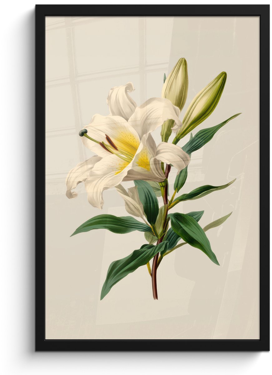 FrameYourWall Poster in lijst - Fotolijst 40x60 cm - Posters - Lelie - Elegant - Botanisch - Beige - Posterlijst zwart - Decoratie - Wanddecoratie woonkamer - Muurdecoratie slaapkamer