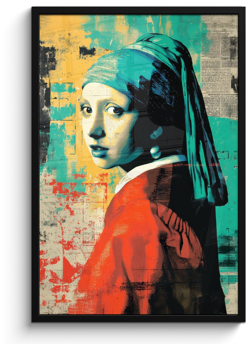 FrameYourWall Poster in lijst - Fotolijst 60x90 cm - Posters - Klassiek - Pareloorbel - Streetartstijl - Kleurrijk - Posterlijst zwart - Decoratie - Wanddecoratie woonkamer - Muurdecoratie slaapkamer Vrouw - Klassiek - Pareloorbel