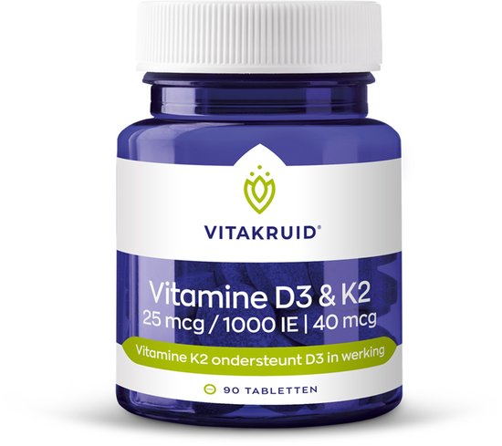 Vitakruid vitamine D3 & K2 90 tabletten: blauwe pot met witte dop. Label met 'Vitakruid Vitamine D3 & K2 25 mcg / 1000 IE | 40 mcg'.