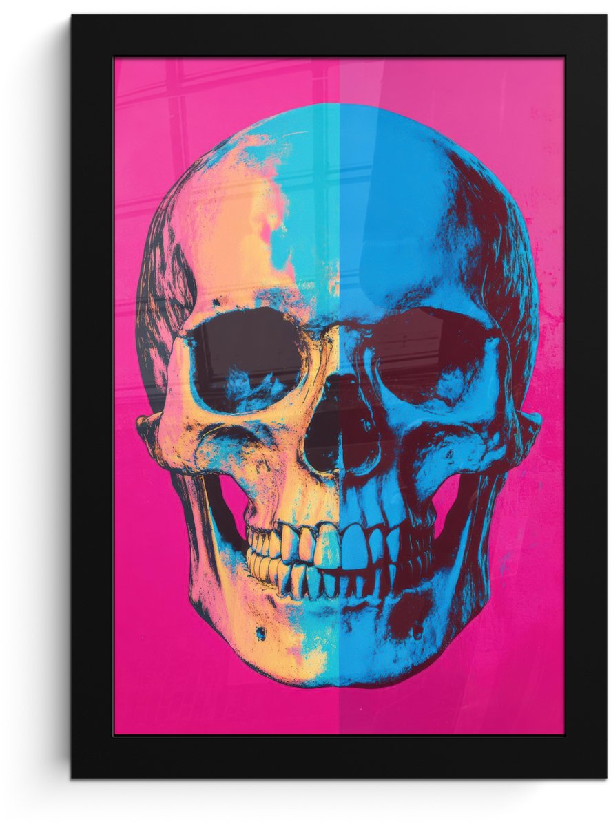 FrameYourWall Poster in lijst - Fotolijst 20x30 cm - Posters - Neon - Blauw - Pop-art - Schedel - Posterlijst zwart - Decoratie - Wanddecoratie woonkamer - Muurdecoratie slaapkamer Schedel - Neon