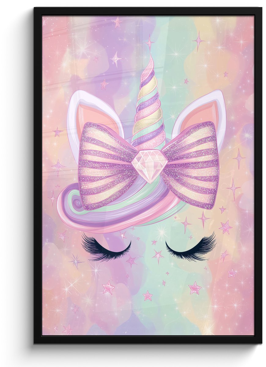 FrameYourWall Poster in lijst - Fotolijst 60x90 cm - Posters - Eenhoorn - Glitters - Regenboog - Pastel - Posterlijst zwart - Decoratie - Wanddecoratie woonkamer - Muurdecoratie slaapkamer