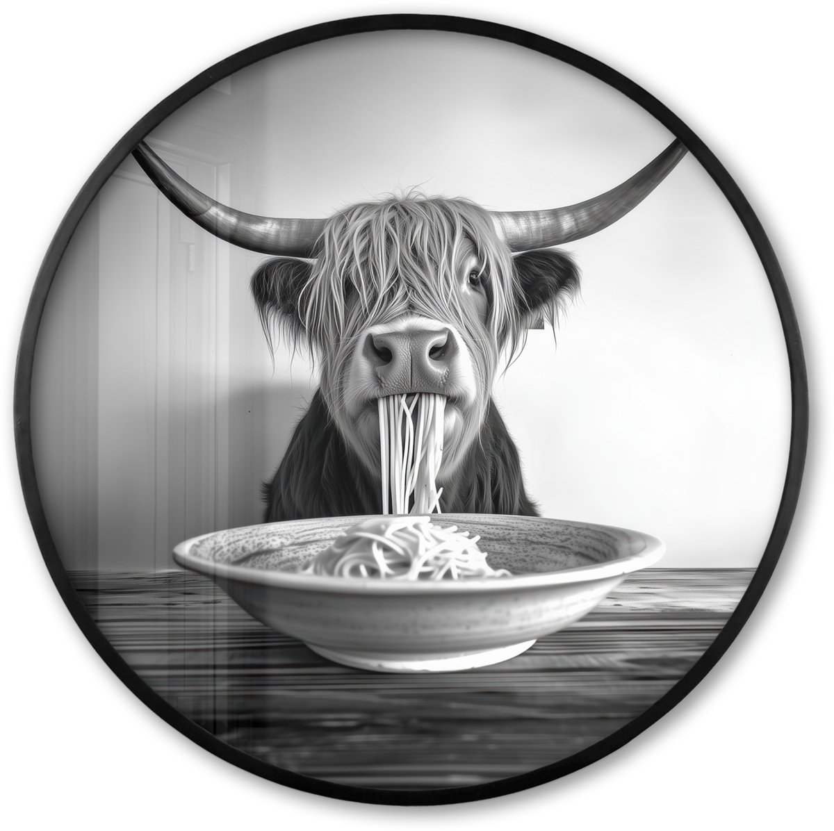 FrameYourWall Poster in lijst Rond - Fotolijst 60x60 cm - Posters - Schotse Hooglander - Spaghetti - Dieren - Zwart wit - Ronde posterlijst zwart - Decoratie - Wanddecoratie woonkamer - Muurdecoratie slaapkamer