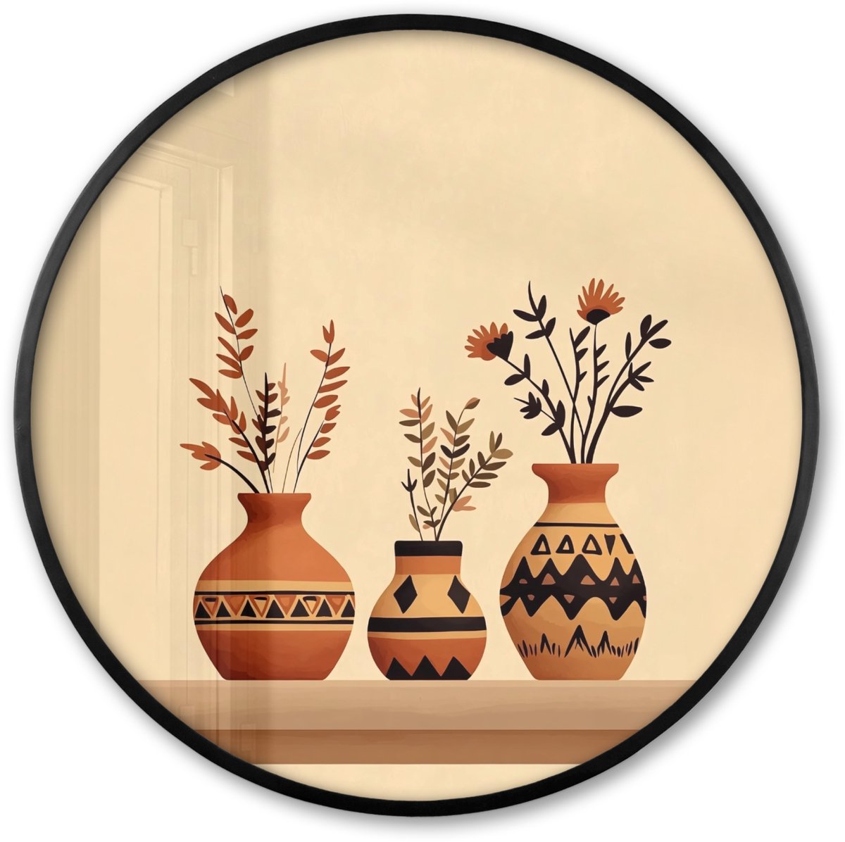 FrameYourWall Poster in lijst Rond - Fotolijst 60x60 cm - Posters - Vazen - Bloemen - Bladeren - Minimalistisch - Ronde posterlijst zwart - Decoratie - Wanddecoratie woonkamer - Muurdecoratie slaapkamer