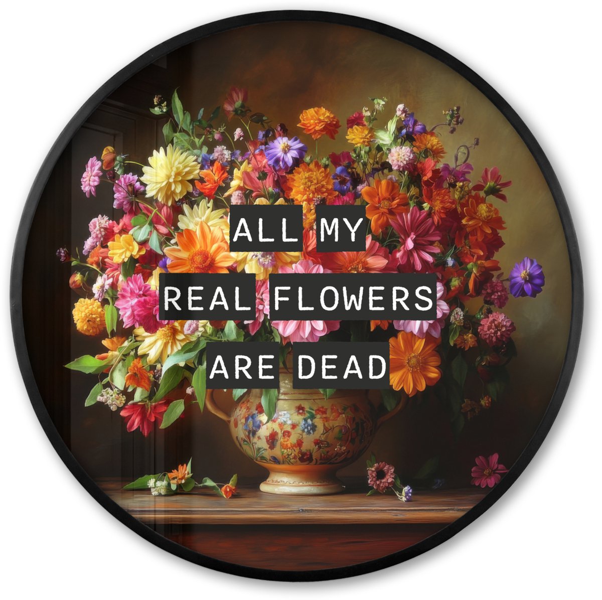 FrameYourWall Poster in lijst Rond - Fotolijst 80x80 cm - Posters - Kleur - Bloemen - Vintage - Bloemenvaas - Ronde posterlijst zwart - Decoratie - Wanddecoratie woonkamer - Muurdecoratie slaapkamer Bloemen - Kleurrijk - Quote
