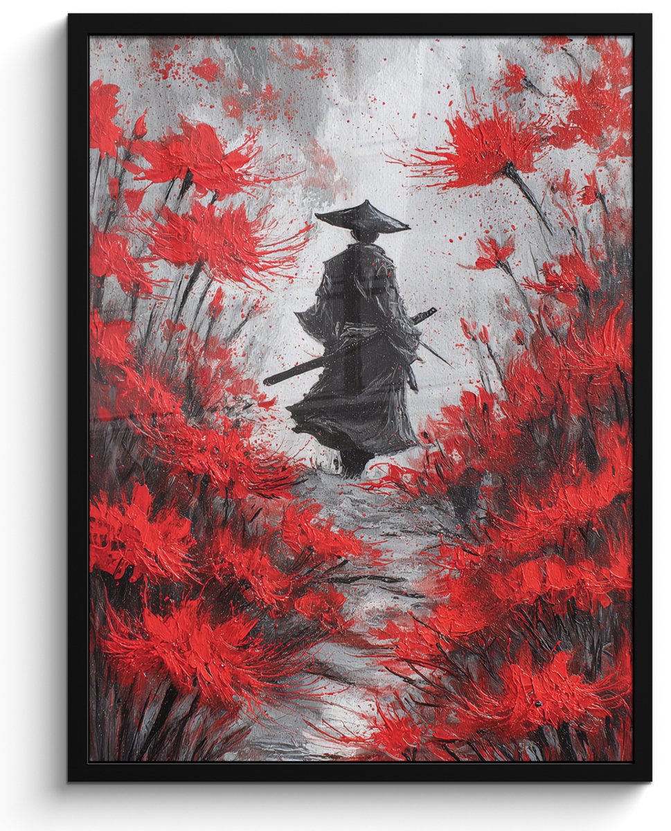 FrameYourWall Poster in lijst - Fotolijst 60x80 cm - Posters - Rode bloemen - mistig - Man - Posterlijst zwart - Decoratie - Wanddecoratie woonkamer - Muurdecoratie slaapkamer Bloemen - Man - Mistig