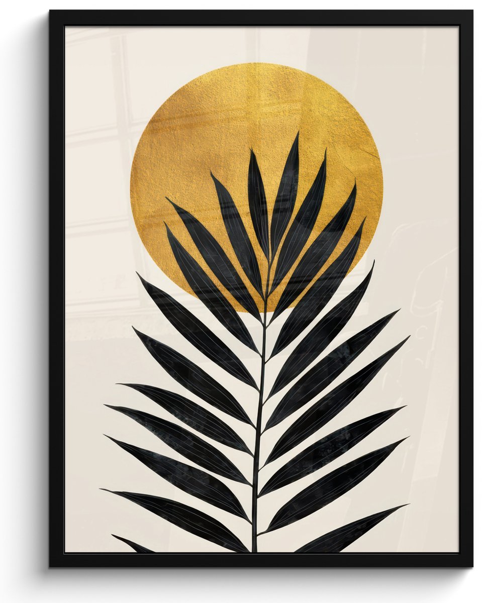 FrameYourWall Poster in lijst - Fotolijst 60x80 cm - Posters - Zwart palmblad - Gouden cirkel - Beige achtergrond - Posterlijst zwart - Decoratie - Wanddecoratie woonkamer - Muurdecoratie slaapkamer Palmblad - Cirkel