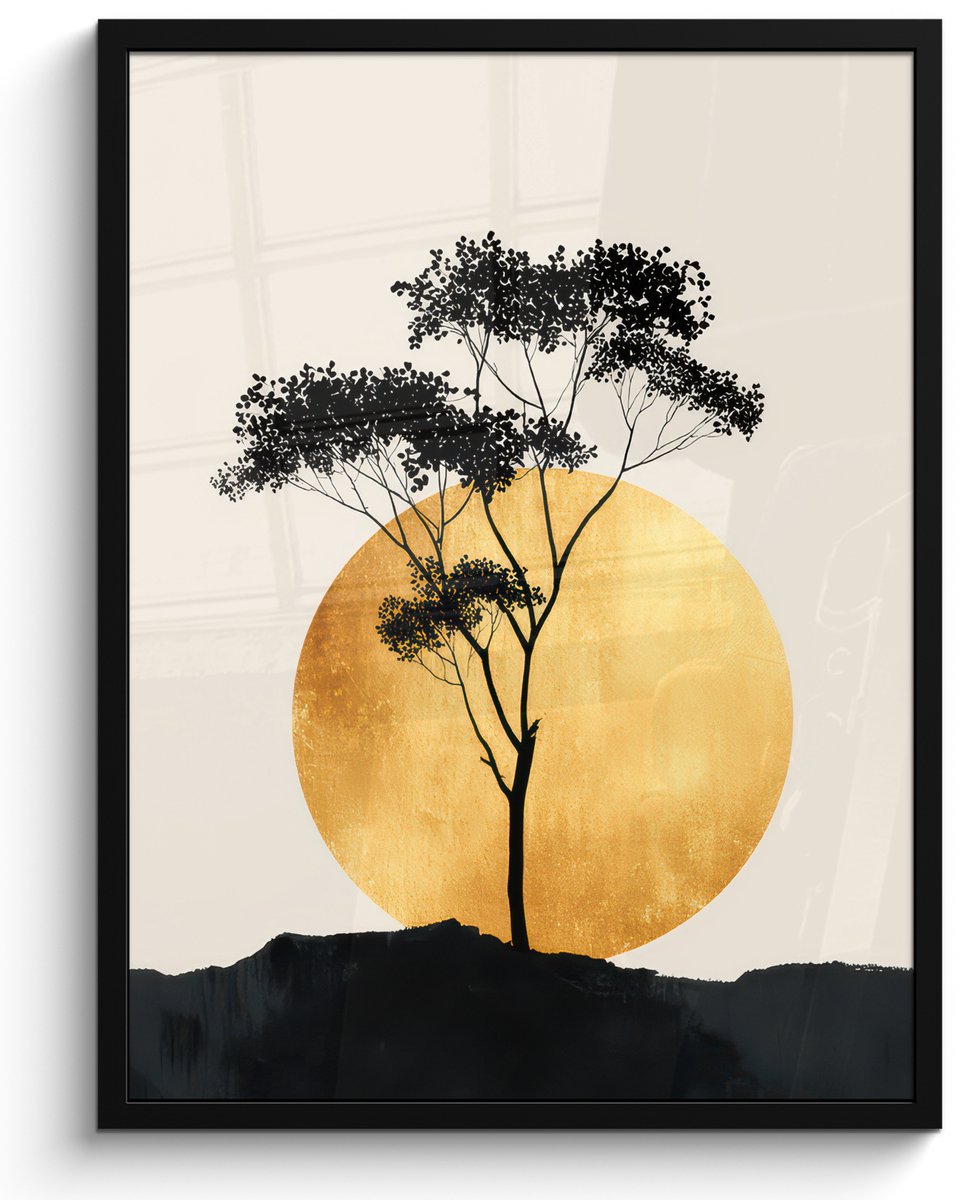 FrameYourWall Poster in lijst - Fotolijst 60x80 cm - Posters - Zwarte boom - Gouden cirkel - Heuvel - Posterlijst zwart - Decoratie - Wanddecoratie woonkamer - Muurdecoratie slaapkamer Boom - Cirkel - Heuvel
