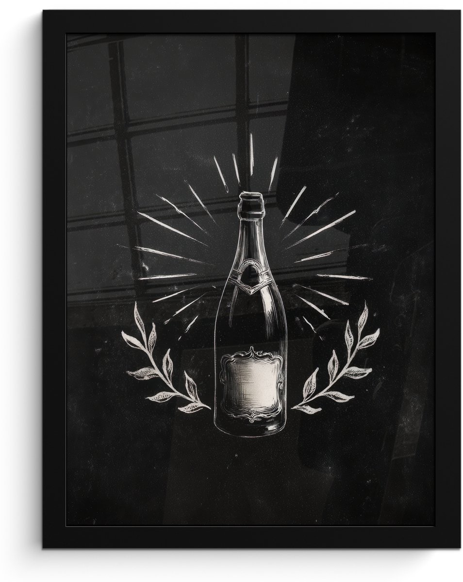 FrameYourWall Poster in lijst - Fotolijst 30x40 cm - Posters - Champagnefles - Lauriertakken - Zwarte achtergrond - Posterlijst zwart - Decoratie - Wanddecoratie woonkamer - Muurdecoratie slaapkamer