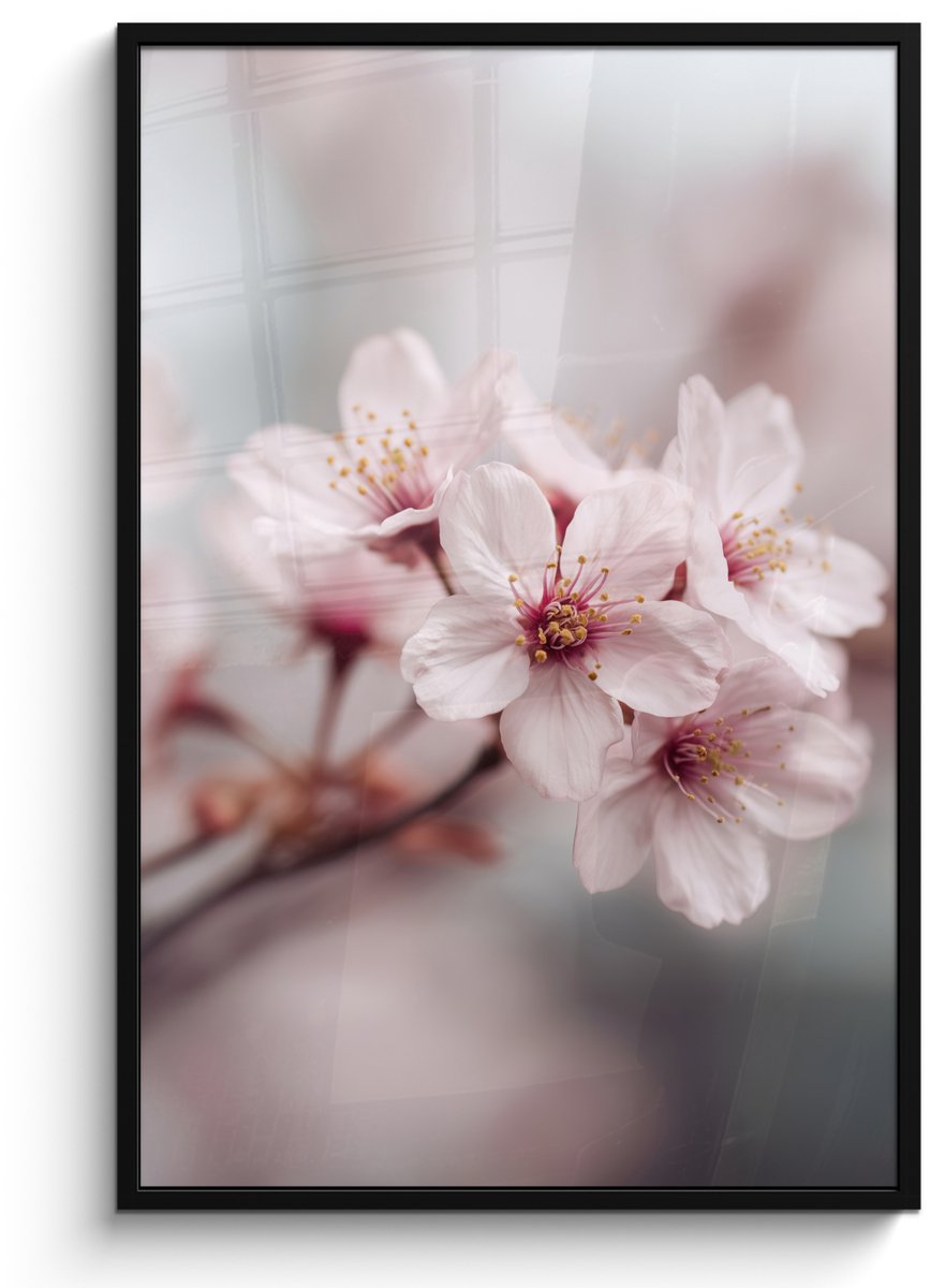 FrameYourWall Poster in lijst - Fotolijst 80x120 cm - Posters - Bloesems - Meeldraden - Geel - Wazig - Posterlijst zwart - Decoratie - Wanddecoratie woonkamer - Muurdecoratie slaapkamer