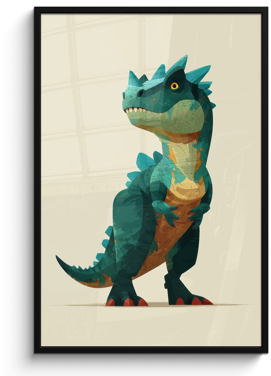 FrameYourWall Poster in lijst - Fotolijst 80x120 cm - Posters - Stekels - Dino - Blauw - Gespierd - Posterlijst zwart - Decoratie - Wanddecoratie woonkamer - Muurdecoratie slaapkamer