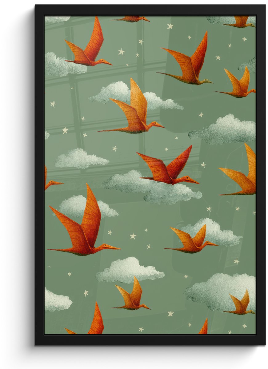 FrameYourWall Poster in lijst - Fotolijst 40x60 cm - Posters - Dinosaurussen - Wolken - Sterren - Oranje - Posterlijst zwart - Decoratie - Wanddecoratie woonkamer - Muurdecoratie slaapkamer