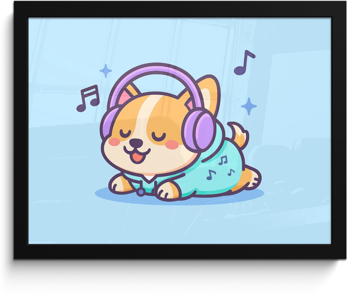 FrameYourWall Poster in lijst - Fotolijst 40x30 cm - Posters - Corgi - Koptelefoon - Blauw - Muzieknoten - Posterlijst zwart - Decoratie - Wanddecoratie woonkamer - Muurdecoratie slaapkamer Hond