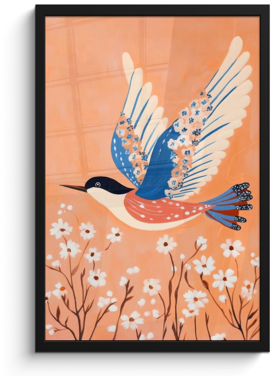 FrameYourWall Poster in lijst - Fotolijst 40x60 cm - Posters - Vogel - Bloesemtakken - Warm - Kleurrijk - Posterlijst zwart - Decoratie - Wanddecoratie woonkamer - Muurdecoratie slaapkamer