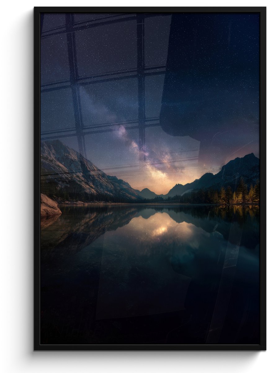 FrameYourWall Poster in lijst - Fotolijst 80x120 cm - Posters - Kristalhelder meer - Bergen - Bergen - Posterlijst zwart - Decoratie - Wanddecoratie woonkamer - Muurdecoratie slaapkamer Sterren - Meer - Bergen