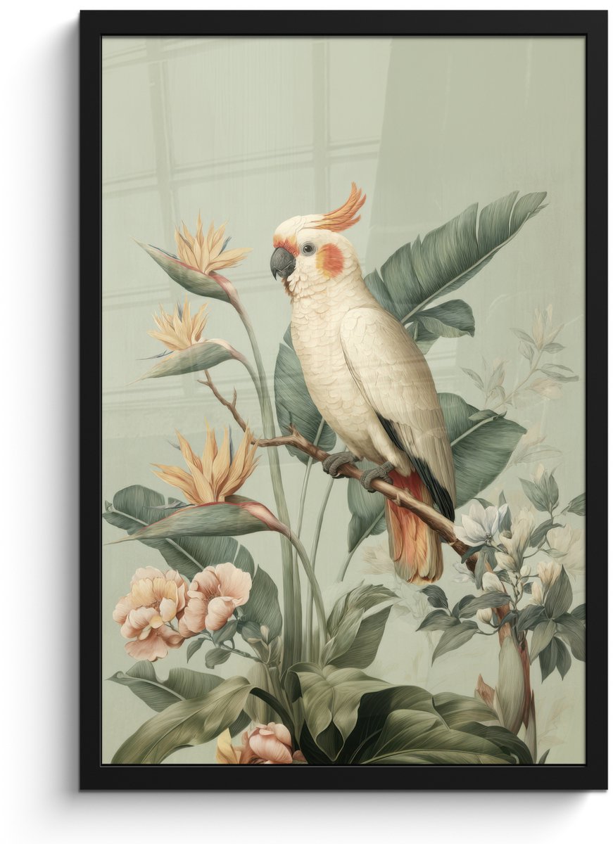FrameYourWall Poster in lijst - Fotolijst 40x60 cm - Posters - Gele kuifkaketoe - paradijsvogelbloemen - Groen - Posterlijst zwart - Decoratie - Wanddecoratie woonkamer - Muurdecoratie slaapkamer
