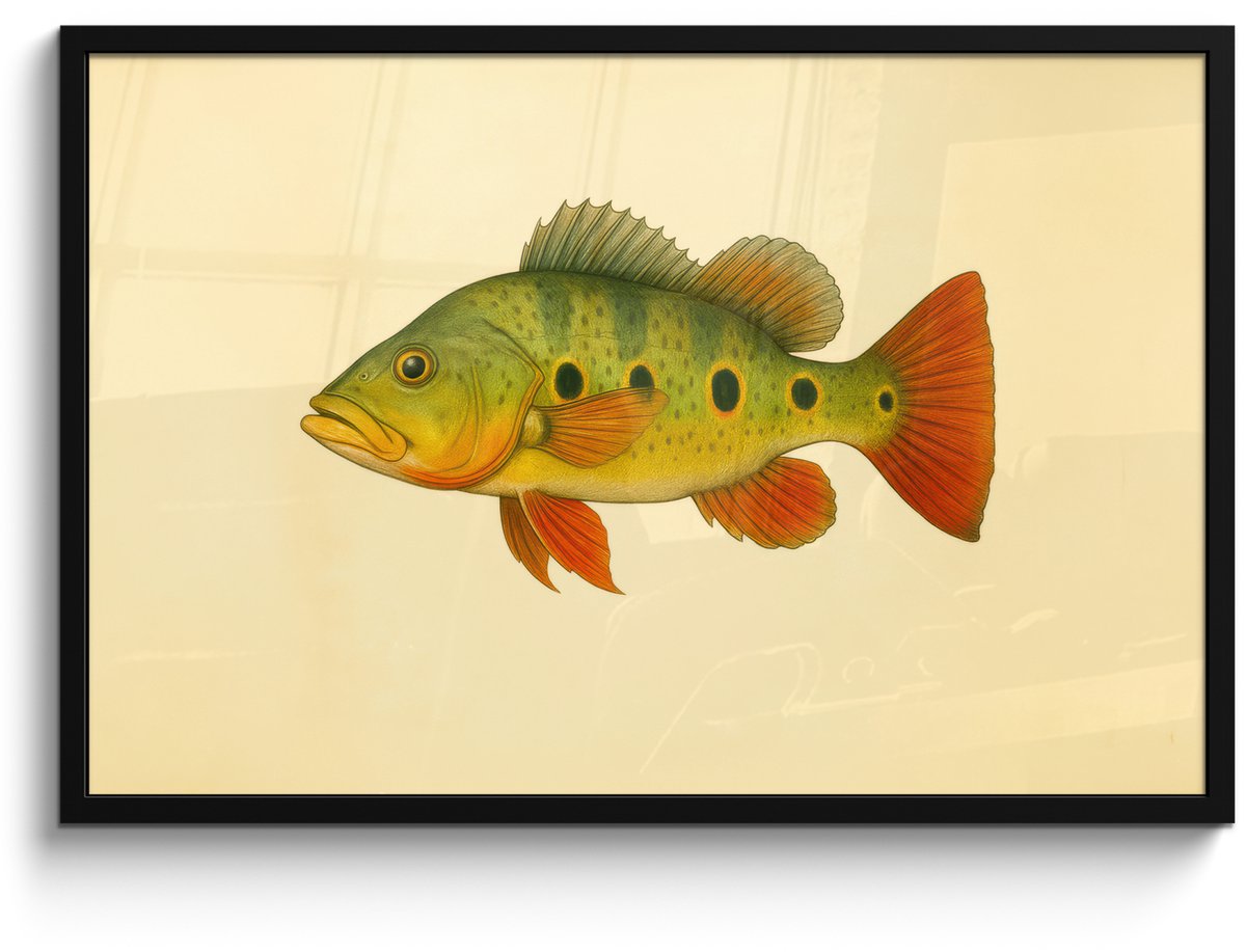 FrameYourWall Poster in lijst - Fotolijst 90x60 cm - Posters - Schubben - Vis - Groen - Illustratie - Posterlijst zwart - Decoratie - Wanddecoratie woonkamer - Muurdecoratie slaapkamer Vis - illustratie - Schubben