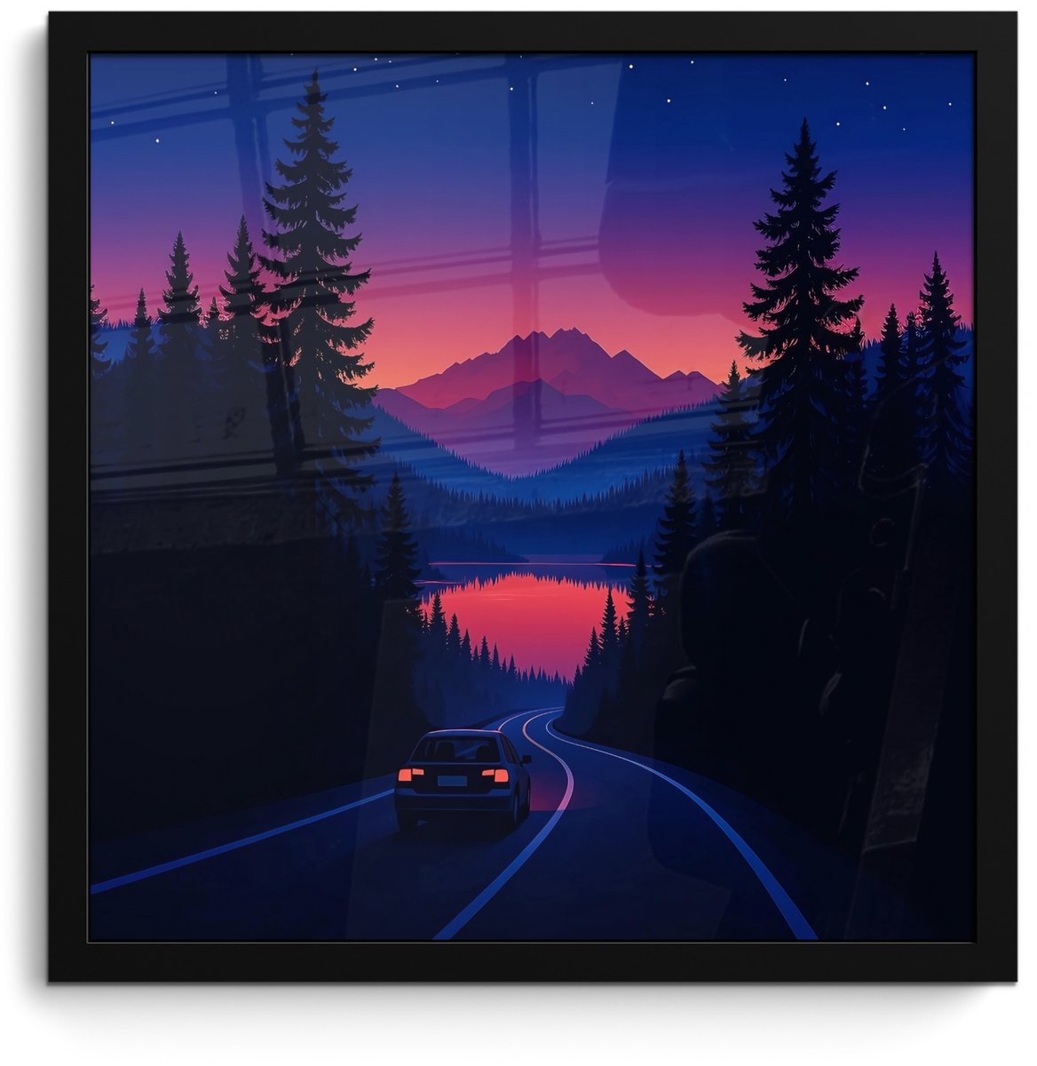 FrameYourWall Poster in lijst - Fotolijst 40x40 cm - Posters - Auto - Donkere dennenbomen - Zonsondergang - Posterlijst zwart - Decoratie - Wanddecoratie woonkamer - Muurdecoratie slaapkamer Auto - Dennenbomen - Zonsondergang