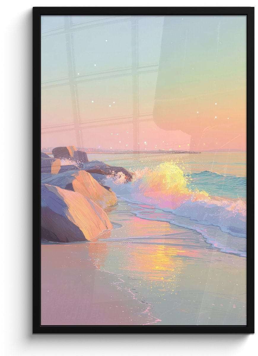 FrameYourWall Poster in lijst - Fotolijst 60x90 cm - Posters - Zomerlicht - Strand - Fonkelende accenten - Posterlijst zwart - Decoratie - Wanddecoratie woonkamer - Muurdecoratie slaapkamer Strand - Zee - Stad