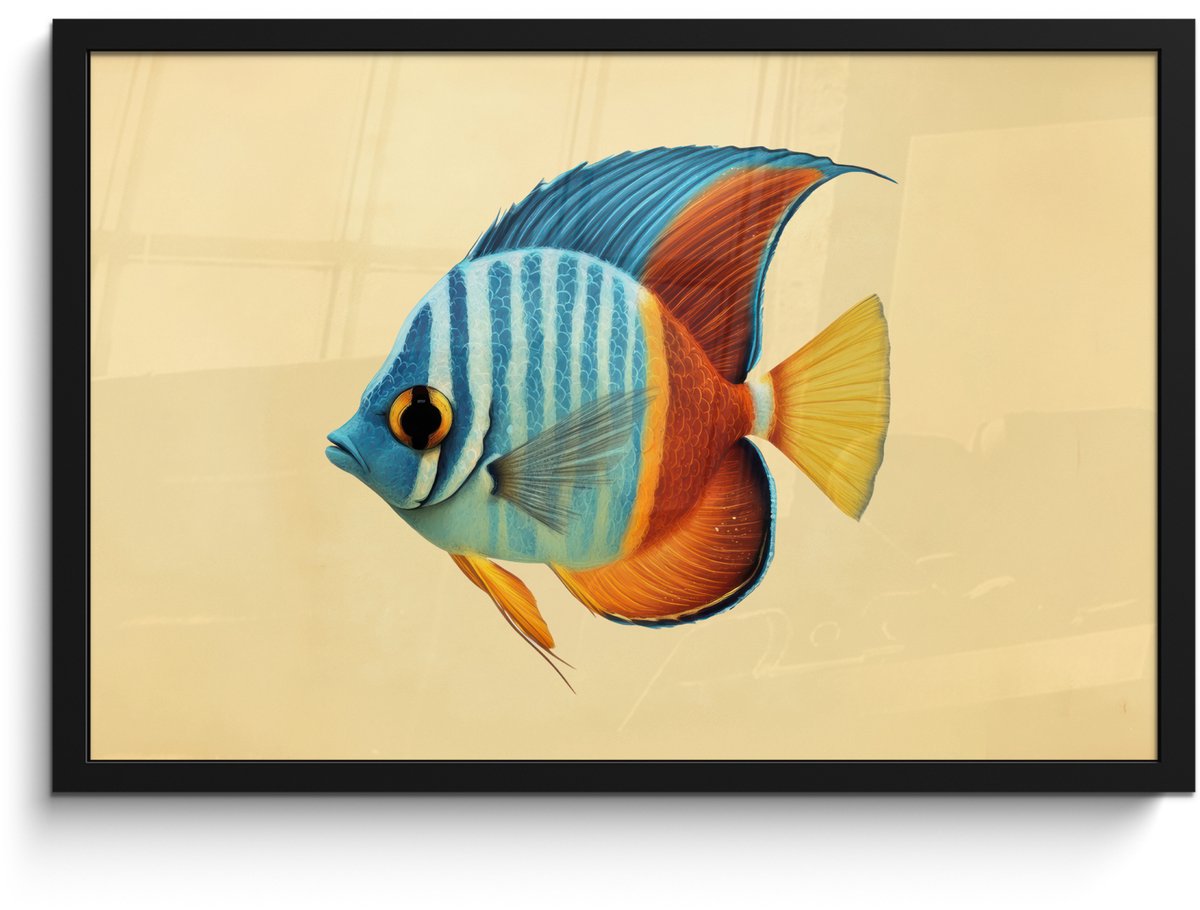 FrameYourWall Poster in lijst - Fotolijst 60x40 cm - Posters - Vis - Vinnen - Blauw - Ogen - Posterlijst zwart - Decoratie - Wanddecoratie woonkamer - Muurdecoratie slaapkamer